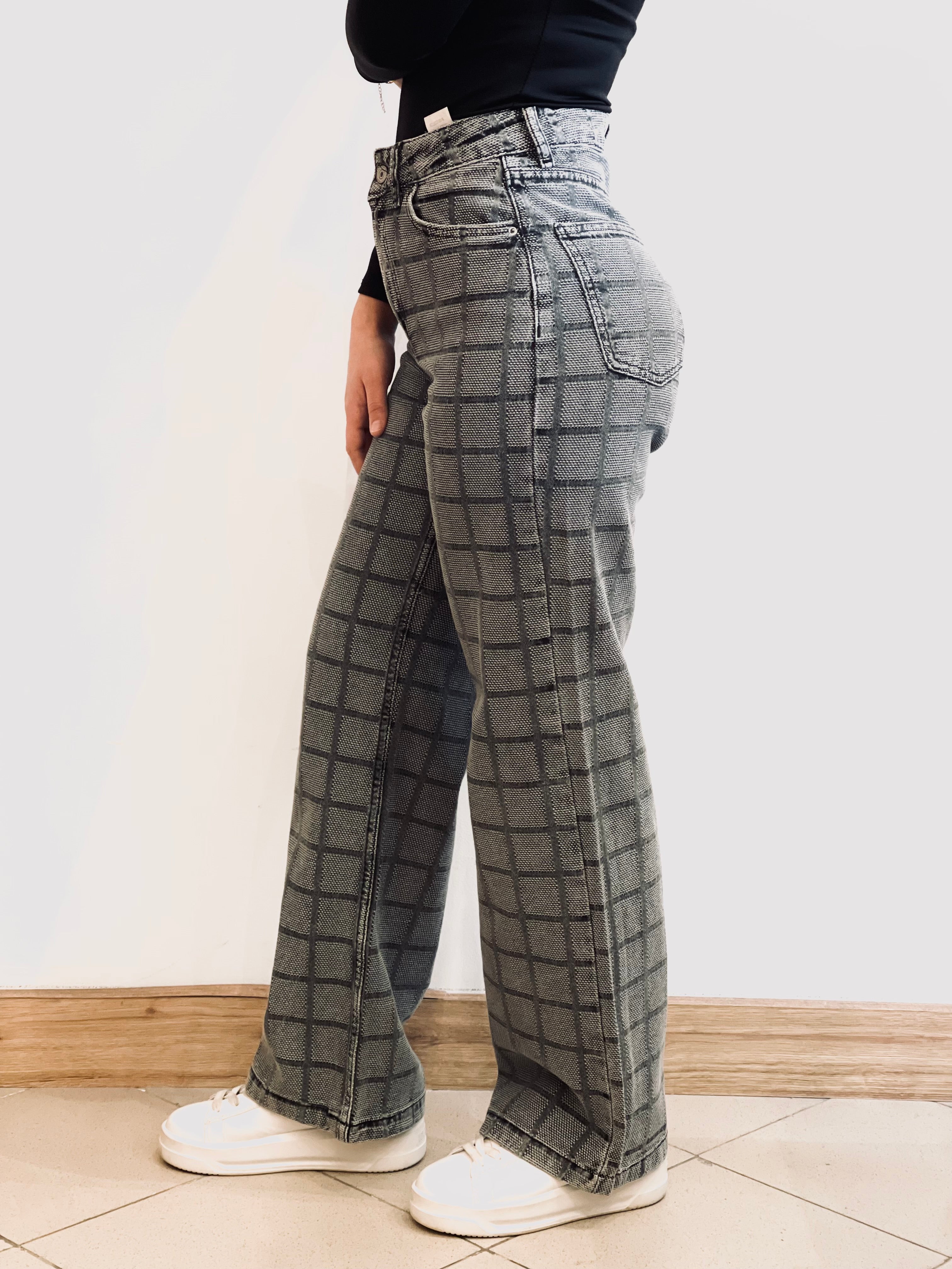 Jeans Donna a Quadri Grigio