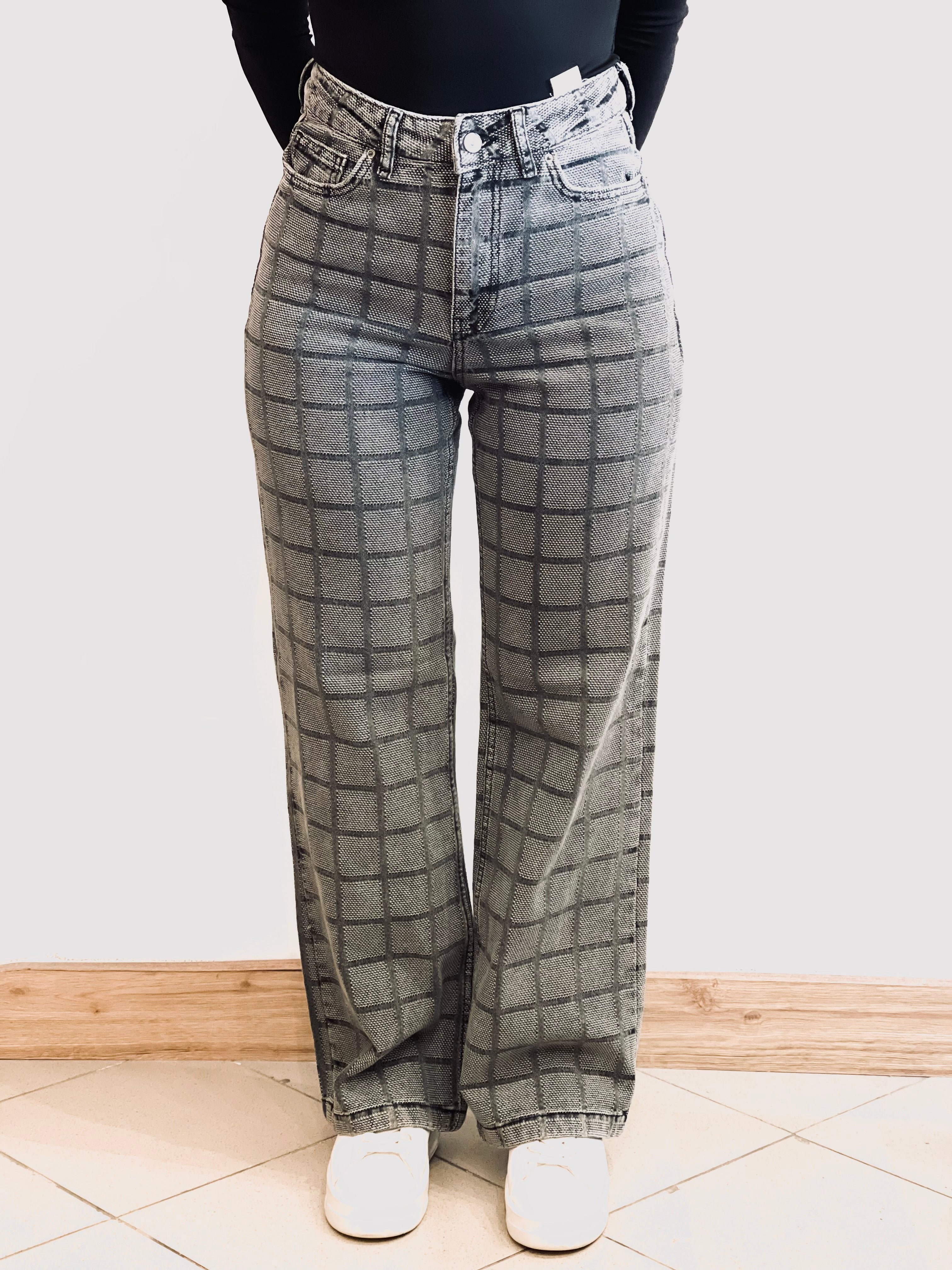 Jeans Donna a Quadri Grigio