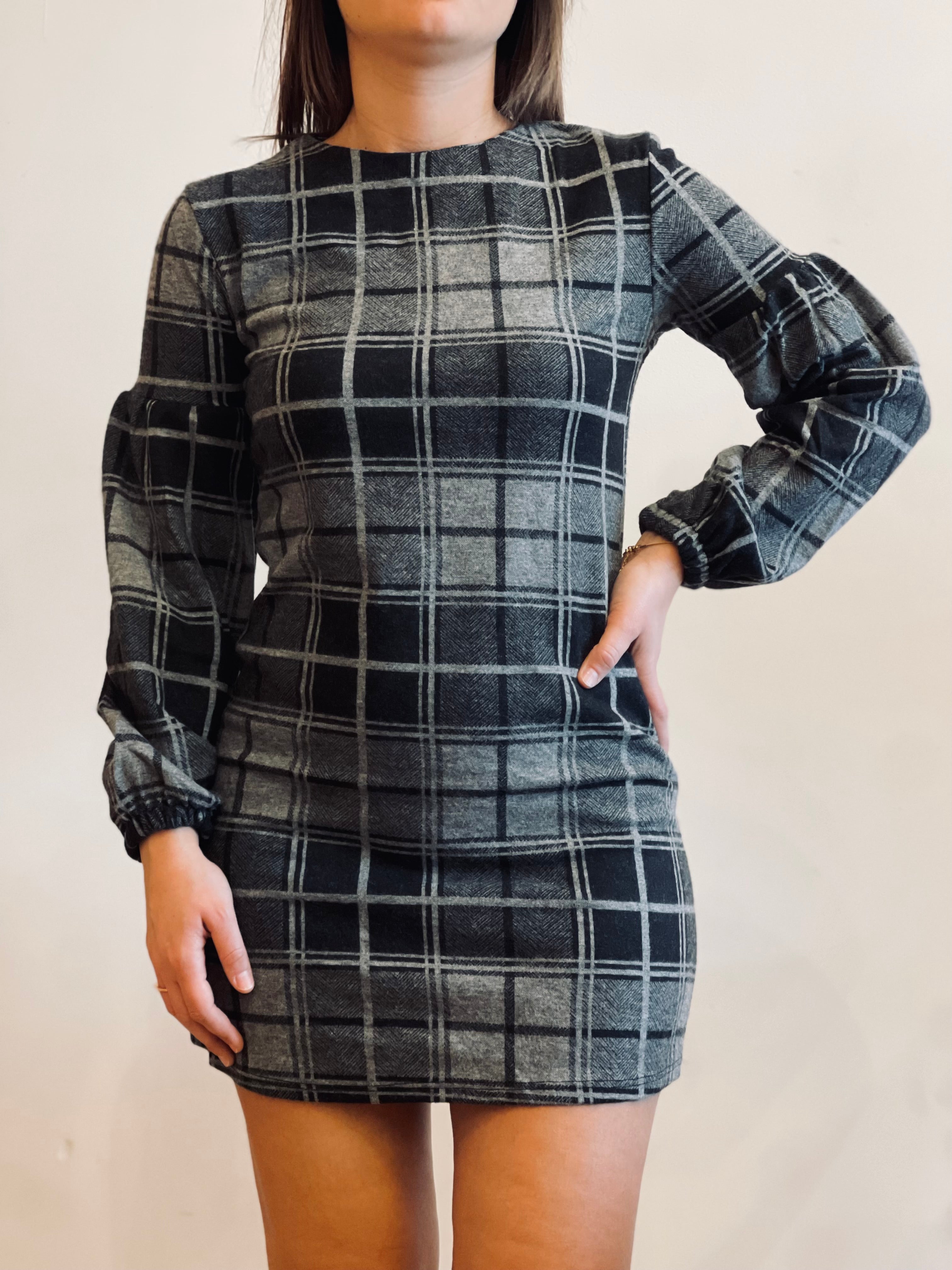 Vestito Donna a Quadri Grigio e Nero