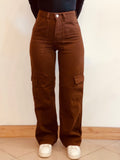 Jeans Donna Marrone a Gamba Larga con Tasche Laterali