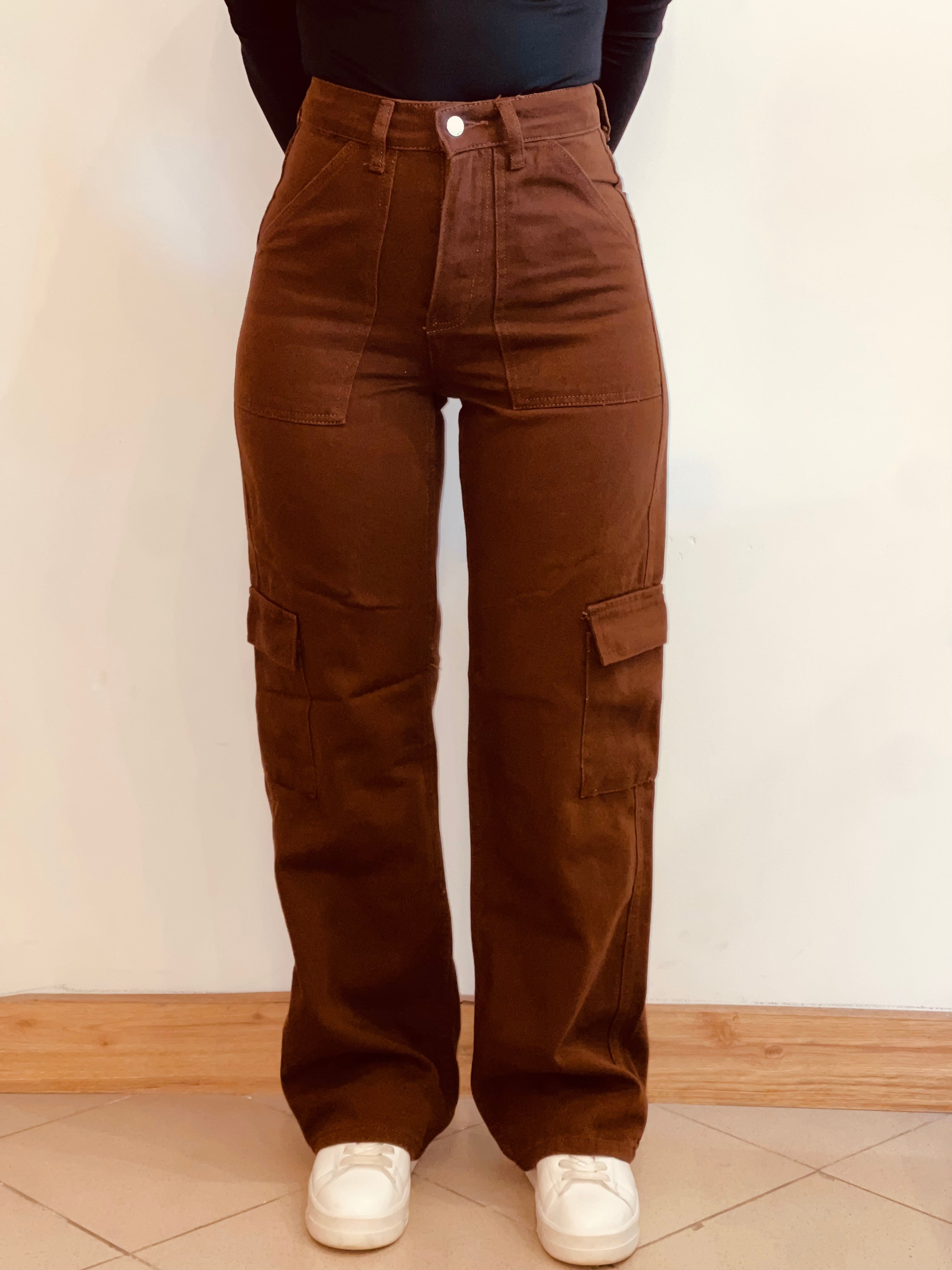 Jeans Donna Marrone a Gamba Larga con Tasche Laterali